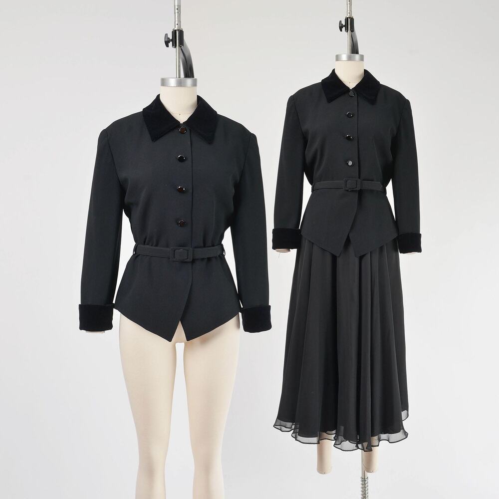 Vintage 80s 90s Black Velvet Trim Tuxedo Blazer Belted Jacket Womens Medium